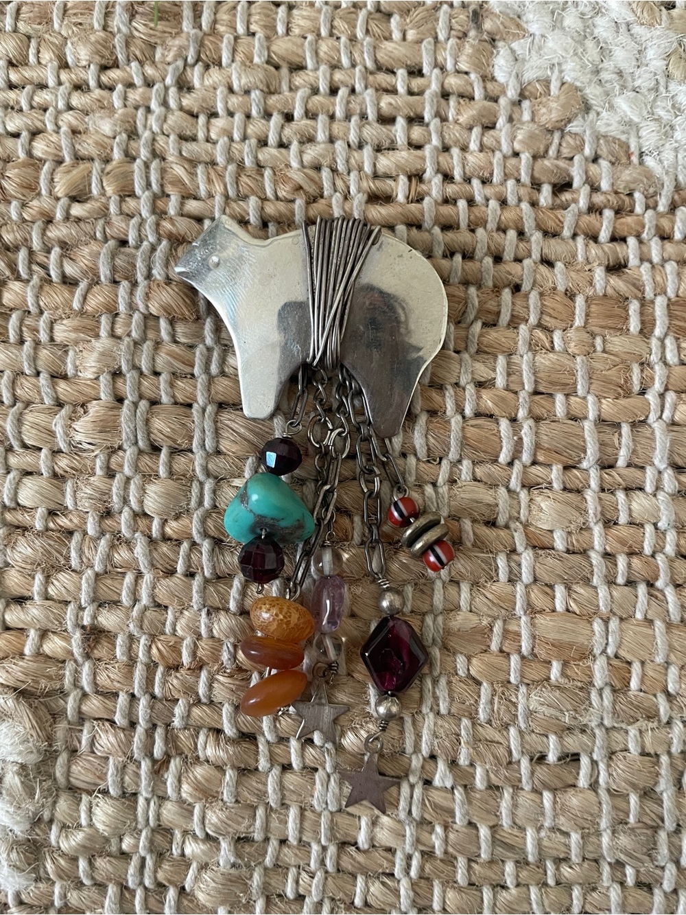 handmade modernist sterling silver polar bear brooch with dangling Beads